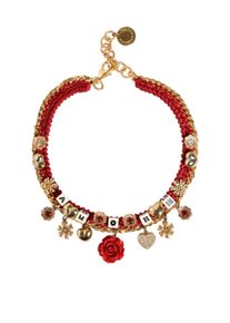 Dolce & Gabbana Dolce &amp;amp; Gabbana Gold Tone Choker Amore Red Floral Woven Charm Necklace