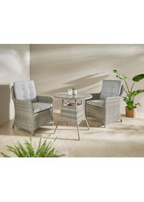 Konifera Garten-Essgruppe »Venedig«, (Set, 3 tlg., 2x Sessel, 1x Tisch Ø 70 cm, inkl. Auflagen, Polyrattan, Aluminium), Hellgrau, Tischplatte aus 5 mm starkem Sicherheitsglas