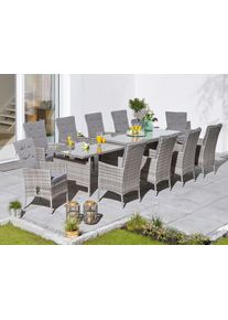 Konifera Garten-Essgruppe »Belluno«, (Set, 21 tlg., 10x Sessel, 1x AZ-Tisch 179-300x73/89cm, inkl. Auflagen, Polyrattan), 2 der 10 Sessel stufenlos verstellbar, Tischplatte aus Sicherheitsglas