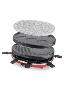 H.Koenig Raclette 8 Personas 4 en 1, Plancha con Piedra Natural, Grill, Crepera, 900 W, Rojo, Negro RP412, Acero Inoxidable