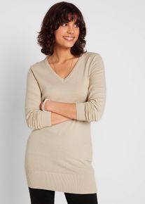 Lange basic trui met V-hals - beige - maat 40/42 (M) - met katoen - bonprix