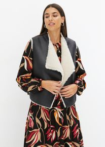 Kort vest in lammy look - zwart - maat 48 - imitatieleer - bonprix