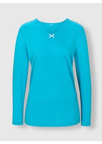 Dames Pyjamashirt met satijnen strik, puur katoen in turquoise ,maat 36/38, WITT, 100% Katoen