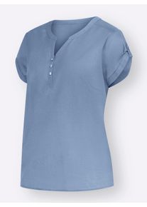 Dames Blouse met korte mouwen en rugplooi in blue-stonewashed ,maat 36, WITT, 100% Katoen