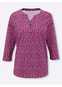 Dames Shirt met 3/4-mouwen in bladerdessin in heide/zwart bedrukt ,maat 38, WITT, 100% Katoen