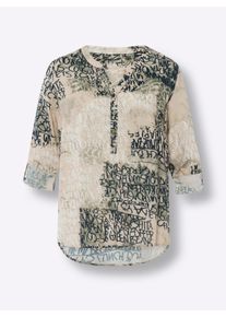 Heine Dames Blouse met print, achter modieus langer in olijf/zand bedrukt ,maat 34, Witt, 100% Viscose