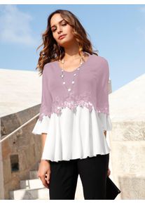 Dames Shirt met V-hals en volants aan de mouwen in mauve/wit ,maat 40, WITT, 95% Viscose, 5% Elastan