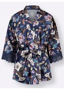 wäschepur Dames Ochtendjas in marine/lichtroze bedrukt ,maat 36/38, Witt, 100% Polyester