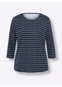 Dames Shirt met ronde hals en subtiel streeppatroon in marine/ecru geprint ,maat 54, WITT, 100% Katoen