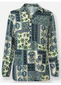Dames Lange blouse met patchworkpatroon in marine/champagne bedrukt ,maat 36, WITT, 100% Viscose