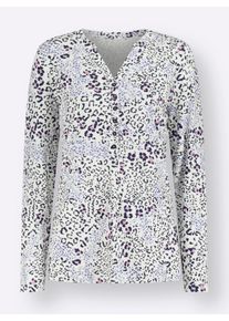 Dames Jerseyblouse met knoopsluiting in ecru/marine geprint ,maat 38, WITT, 95% Viscose, 5% Elastan