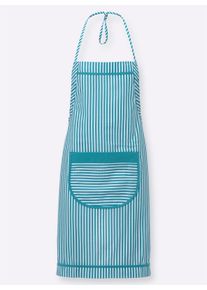 Dames Schort met zak voor in turquoise gestreept ,maat 0, WITT, 100% Katoen
