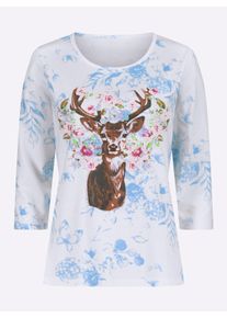 Damen 3/4-Arm-Shirt im Landhaus-Stil in weiß-himmelblau-bedruckt ,Größe 38, WITT, 100% Baumwolle