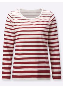 Dames Streepjesshirt met ronde hals in kers/ecru gestreept ,maat 38, WITT, 100% Katoen