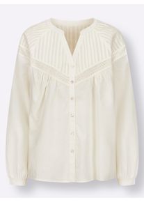 Dames Blouse met lange mouwen en opgestikte broderie anglaise in champagne ,maat 36, WITT, 100% Katoen