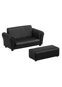 HOMCOM Kids Sofa 2 Seater Toddler Wood Frame PVC with Footstool Black | Aosom Ireland