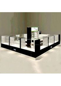 Custom, black wooden perfume kiosk jewelry glass showcase jewelry glass display mall jewelry kiosk booth