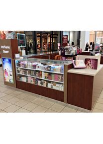 custom，Wooden Perfume Display Counter Mall Kiosk for Perfume Retail Perfume Kiosk Stand with Light