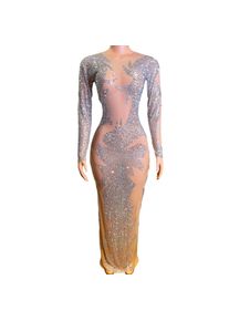 Sparkly Crystals Evening Prom Party Birthday Long Dress for Women Sexy Mesh Transparent Photo Shoot Wear Stage Costume Huasheng