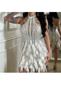 Women Sequined Feather Sleeveless O-neck Mesh Bodycon Mini Dress 2024 New Sexy Holiday Party Evening halter Dresses Vestidos