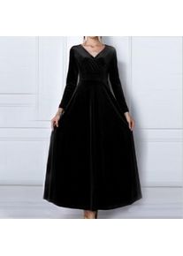 Vintage Women Autumn Long Sleeve V Neck Pleated Velvet Banquet Party Maxi Dress Party Wedding Elegant Evening Dress