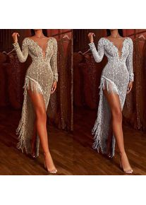 Sexy Glitter Prom Dresses V Neck Sequin Tassel Off The Shoulder Evening Dresses Side Split Night Club Party Gown Dresses Vestido