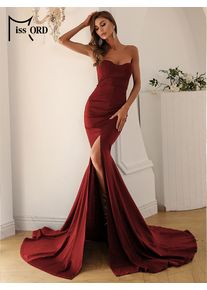 Missord Elegant Wine Mermaid Evening Dress Women Strapless Front Split Bodycon Maxi Wedding Party Dresses Long Prom Gown