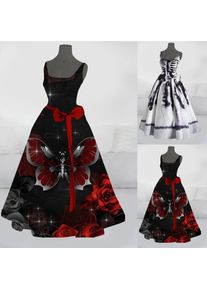 Sexy 3d Skeleton Rags Printed Vintage Halloween Dress For Women Elegant Bow Tie Waist Ladies Evening Party Costumes Vestidos New