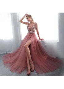 Sale Pink Embroidered Sequins Sexy Sleeveless Deep V Maxi High Slit Evening Wedding Cami Dresses For Women Party Guest Dress