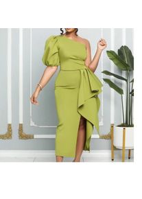 One Shoulder Bodycon Sexy Evening Dress For Women Elegant Short Puff Sleeve Side High Split Folds Long Dresses 2022 Summer New