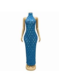 Summer Fashion Blue Diamonds Sleeveless Evening Celebrate Dress Dance Photography Outfit Birthday Stretch Costume Shaokaojia