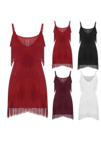 Women Sexy Tassel Latin Dress Tiered Fringe Flapper Dress Evening Nightclub Dancing Fancy Costumes C-Neck Dress For Women