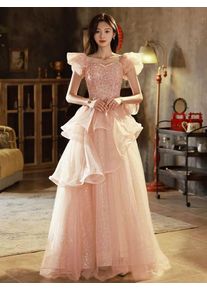 Pink Elegant Evening Dresses for Women Flying Shoulder Sequined Ruffle Fluffy Organza Prom Dreeses for Woman