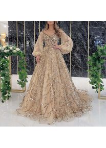 Women's Elegant Cocktail Party Dress Sequins Mesh Evening Dress Long Lantern Sleeve V-Neck Floor Length Luxury Dresses 2024