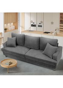 Canapé en Velours Côtelé 3 Places,Grand Canapé Droit Rembourré Moderne avec Sièges extra profonds de 53cm - 2 Coussins - 220x76x84cm - Gris