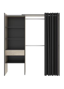 Pegane - Armoire dressing en bois mélaminé avec penderies, 1 tiroir et 1 rideau coloris chêne naturel, graphite - Longueur 160 x Profondeur 50 x