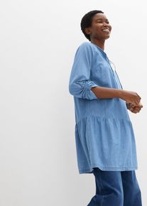 Denim-tunika med volang av økologisk bomull lang arm, blå, størrelse 54, bonprix
