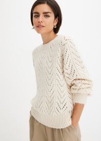 Puszysty sweter w ażurowy wzór, biały, 36/38, bonprix