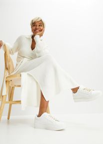 bonprix Długa sukienka dzianinowa z paskiem (2 części), biały, 40/42