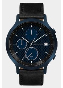 Men's Chronograph Watch - Blue Black - Brushed Surgical Steel Case, Sapphire Glass, Black Leather Strap - Date Display - 42mm , Solar Quartz Movement