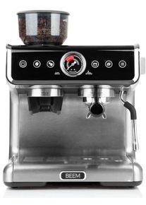 BEEM Espresso Grind Profession Espresso-Siebträgermaschine, 3000 W, mit Mahlwerk, 15 bar, 2,8 L Wassertank, Entkalkungsfunktion, silber/schwarz