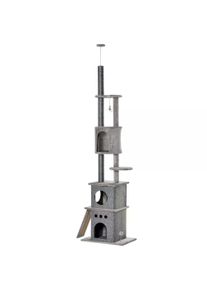 PawHut Cat Climbing Tree 255cm Adjustable Kitty Activity Centre Floor-to-Ceiling Climber with Double Condo, Play Rest Post, Light Grey | Aosom Ireland