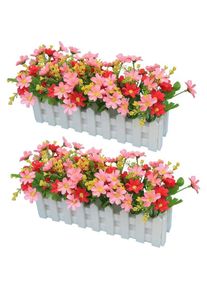 2pcs Gerbera Artificiel avec Clôture en Bois Loggerhead Daisy Daisy Fleurs de Soie Décoration Fleurs Artificielles Plantes en Pot Faux Chrysanthème