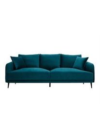 Miliboo Design-Sofa mit petrolblauem Stoff im Samtdesign und schwarzem Metall 3-Sitzer JERRY