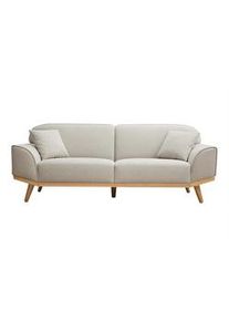 Miliboo Skandinavisches Sofa aus beigem Stoff mit Samteffekt und hellem Holz 3-Sitzer FREEMA