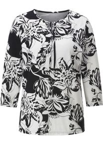 Damen Rundhalsshirt mit Kontrast-Blüten ecru-schwarz-bedruckt Größe 56