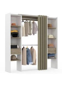 Dressing extensible double meryl 120/180 x 50 x 180 cm blanc avec étagères hêtre + double penderie + rideau taupe