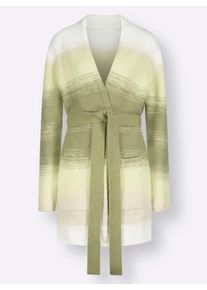 Dames Lang vest met bindceintuur in rietgroen/zand gedessineerd ,maat 36, WITT, 75% Polyacryl, 22% Polyester, 3% Elastan