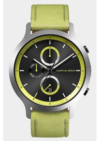 Men's Chronograph Watch - Silver Black - Surgical Steel Case, Sapphire Glass, Lightgreen Leather Strap - Date Display - 42mm , Quartz Movement by