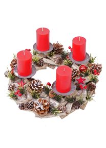 Adventskranz HWC-H50, Weihnachtsdeko Adventsgesteck Weihnachtsgesteck, Holz rund Ø 33cm MVG ~ inkl. 4x Kerzen rot
